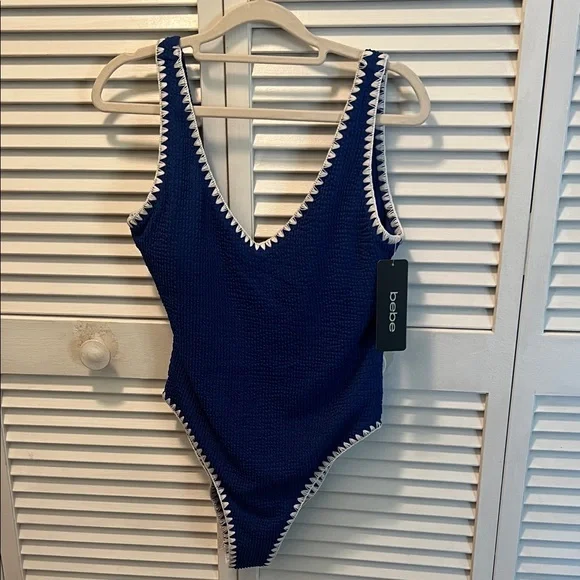 #1471+Bebe White Knit Strip & Blue Women’s One Piece Swimsuit - Picture 1 of 12